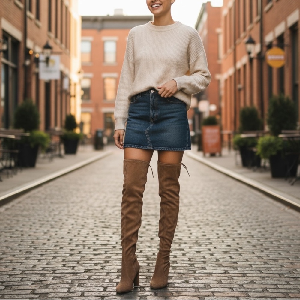 Thigh-high over-the-Knee boots tie shaft mid heels sueded city-style exc cond